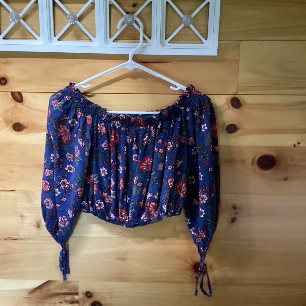 Live To Be Spoiled Blue Floral Off The Shoulder Crop Top Long Sleeve Tie Cuff S